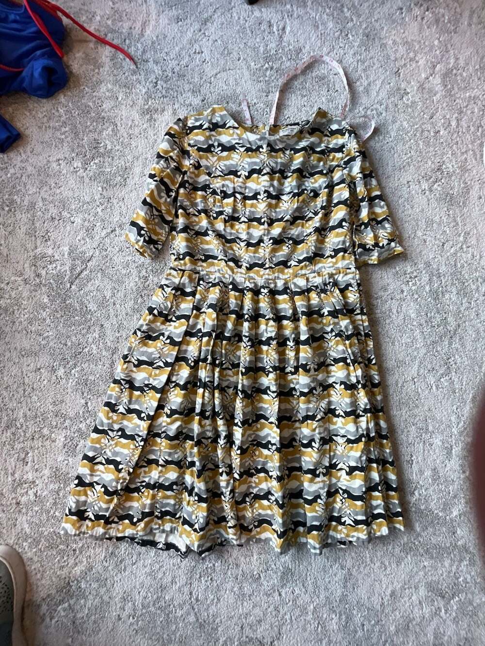 People Tree Organic Cotton Yellow, Black, and Grey Animal Print Pleated Dress